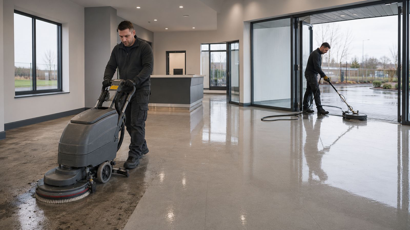 Commercial deep clean of an office reception with floor scrubber and pressure washing