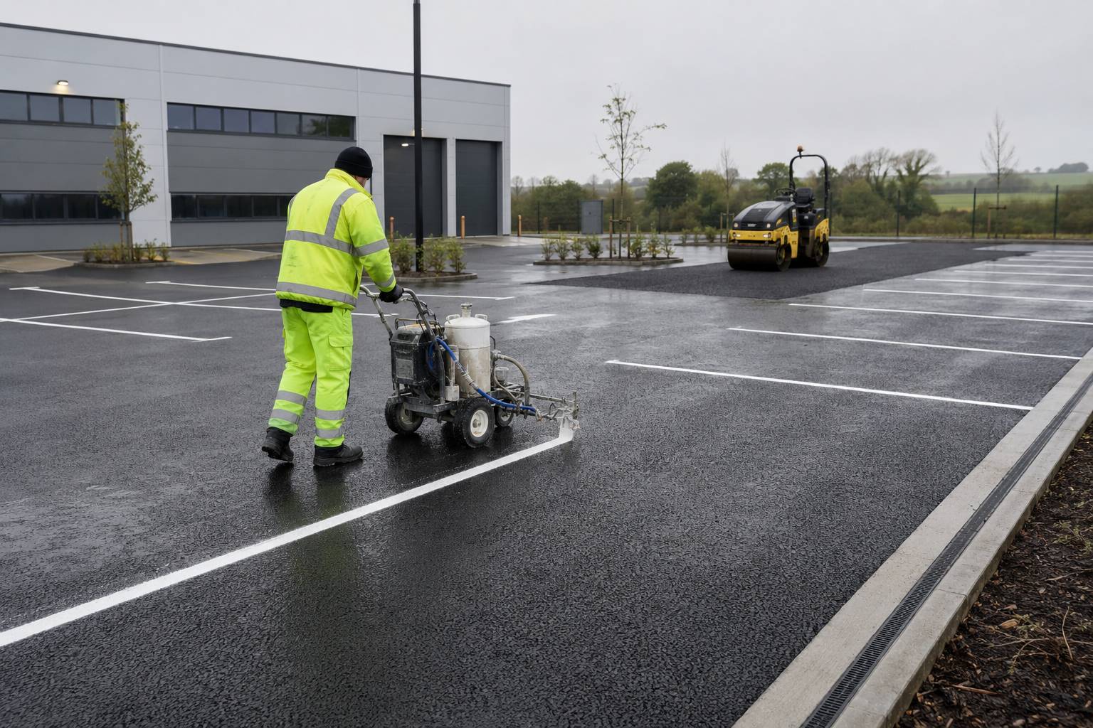 Freshly resurfaced car park with new white bay markings, Co. Limerick